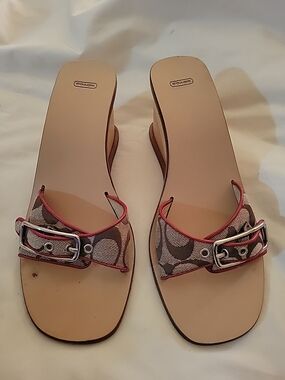 Vintage Coach Women's Signature Canvas Buckle Slide Sandals in Khaki/Pink
